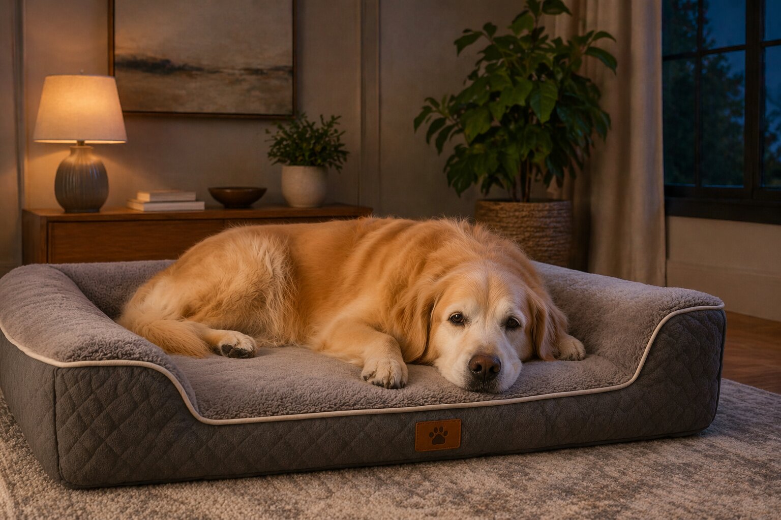 Best Orthopedic Dog Beds for Joint Support, AI-generated editorial image for illustrative purposes showing modern orthopedic dog bed in a comfortable indoor setting, designed for senior dogs and joint pain relief