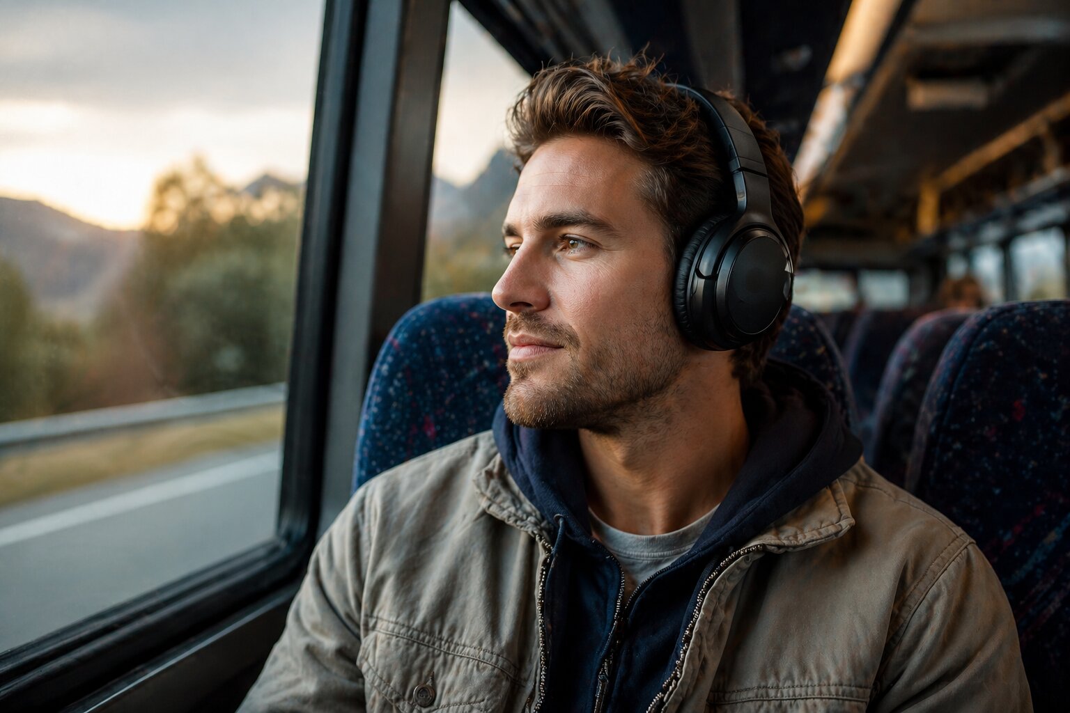 Best Affordable Noise Cancelling Headphones, AI-generated editorial image for illustrative purposes showing a stylish traveler using over-ear wireless headphones in a bus setting with calm red-toned background, active noise cancelling audio gear, commute listening, affordable ANC headphones, budget wireless headphones