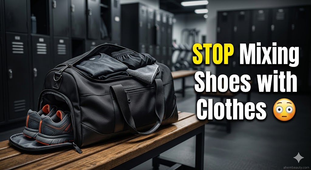 Best Gym Bags with Shoe Compartment, AI-generated editorial image for illustrative purposes showing a practical men’s gym bag setup with separate shoe storage and organized workout essentials for daily fitness, office, and travel use