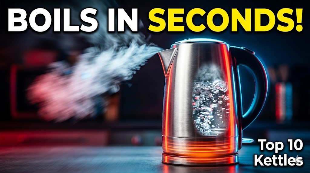 Best Electric Kettles for Fast Boiling, AI-generated editorial image for illustrative purposes showing modern electric kettle design, steam, rapid boiling concept, kitchen setting for US, UK, Canada audience