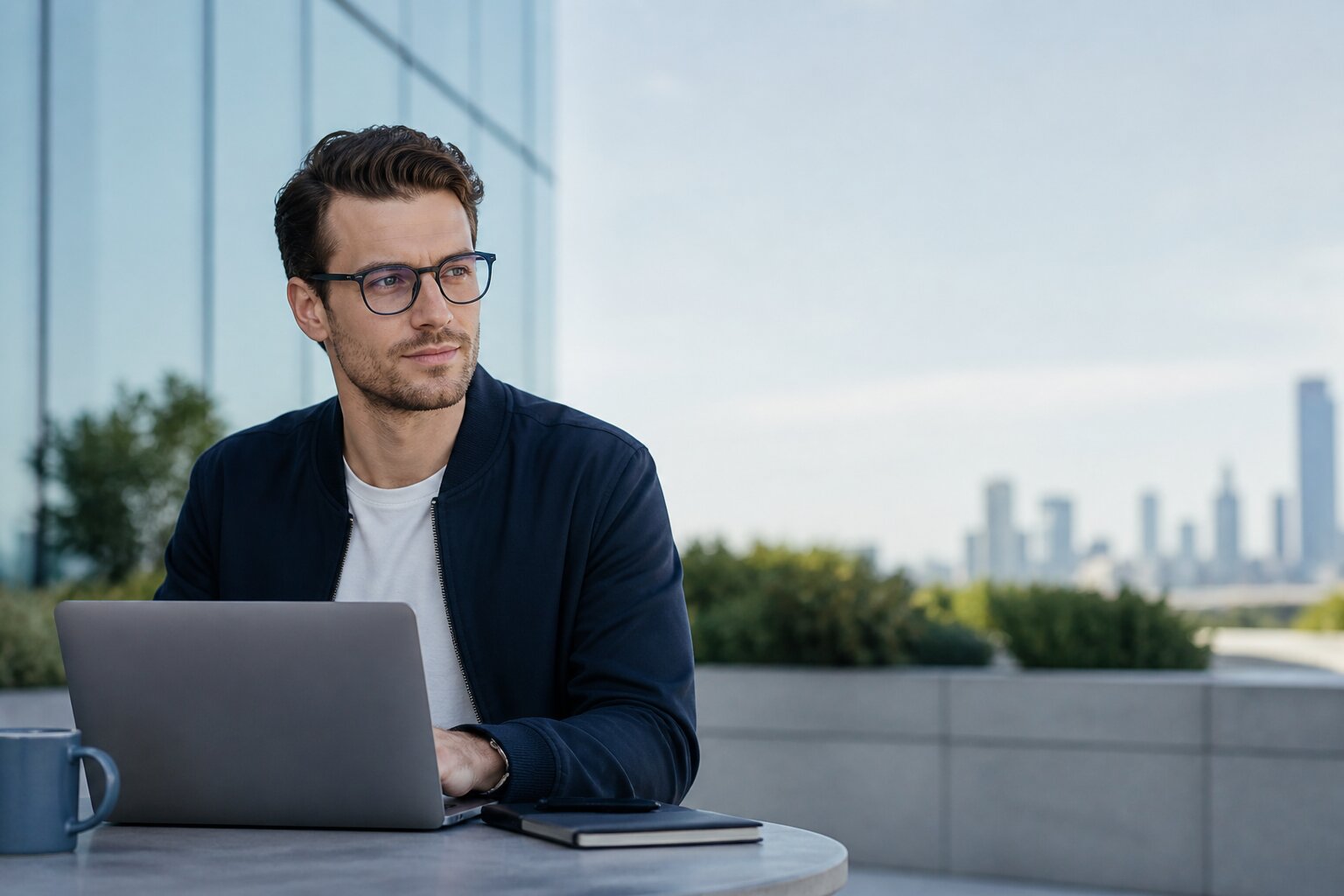 best blue light glasses for men, AI-generated editorial image for illustrative purposes showing a modern men’s screen-comfort eyewear setup with blue light lenses, laptop lifestyle context, digital workday focus, office-to-home usability, and red editorial styling