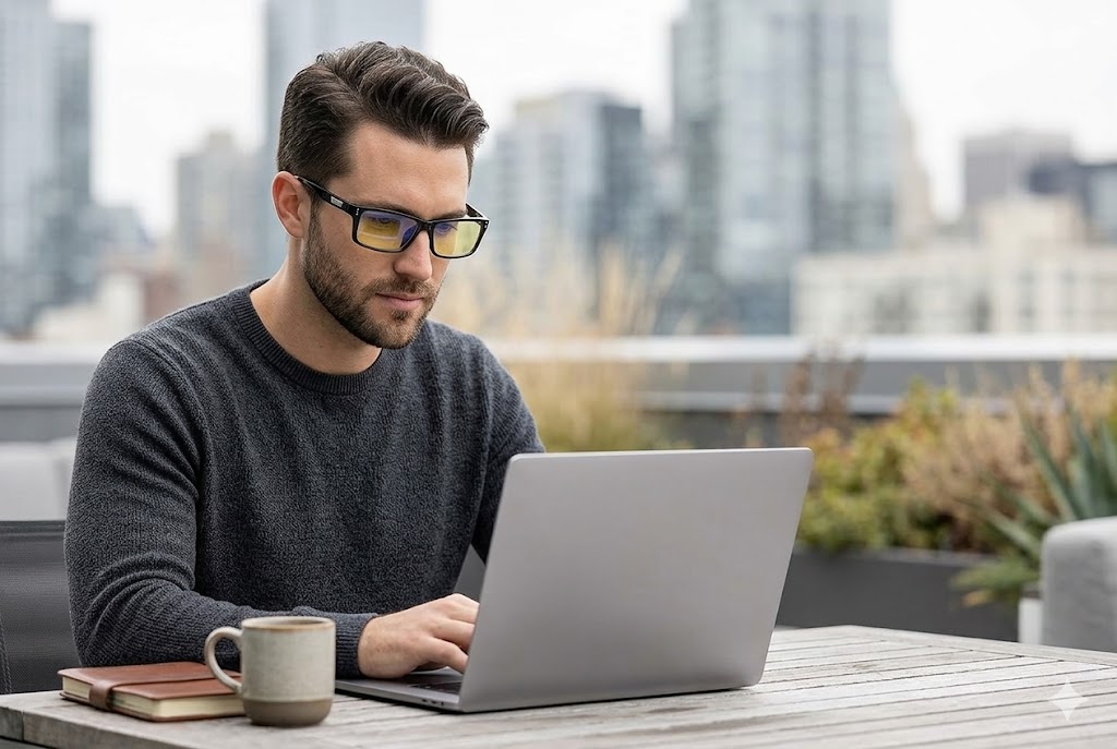 Best Blue Light Glasses for Men, AI-generated editorial image for illustrative purposes.