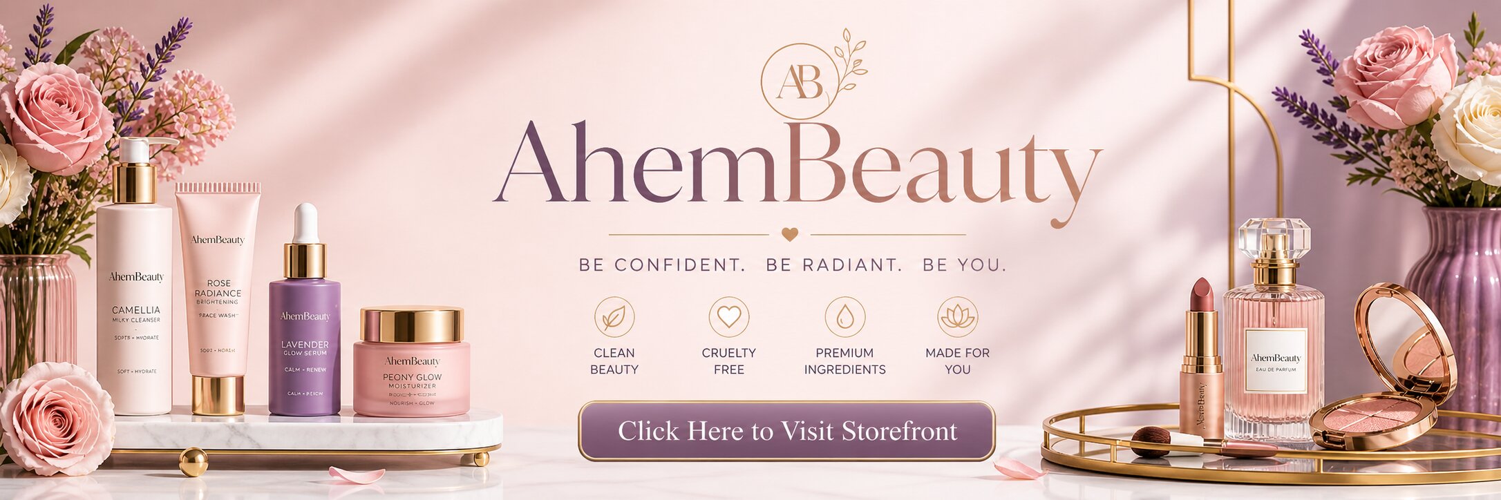 AhemBeauty storefront banner with beauty products and Click Here to Visit Storefront button