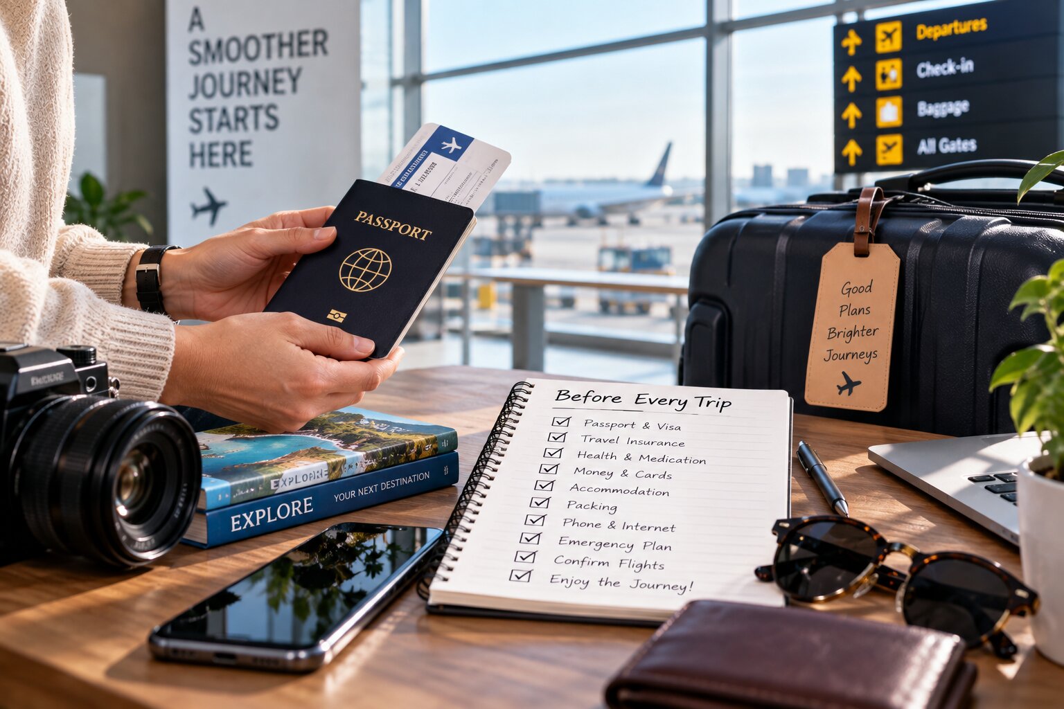 Traveler sitting at an airport with luggage and looking toward an airplane before beginning a journey