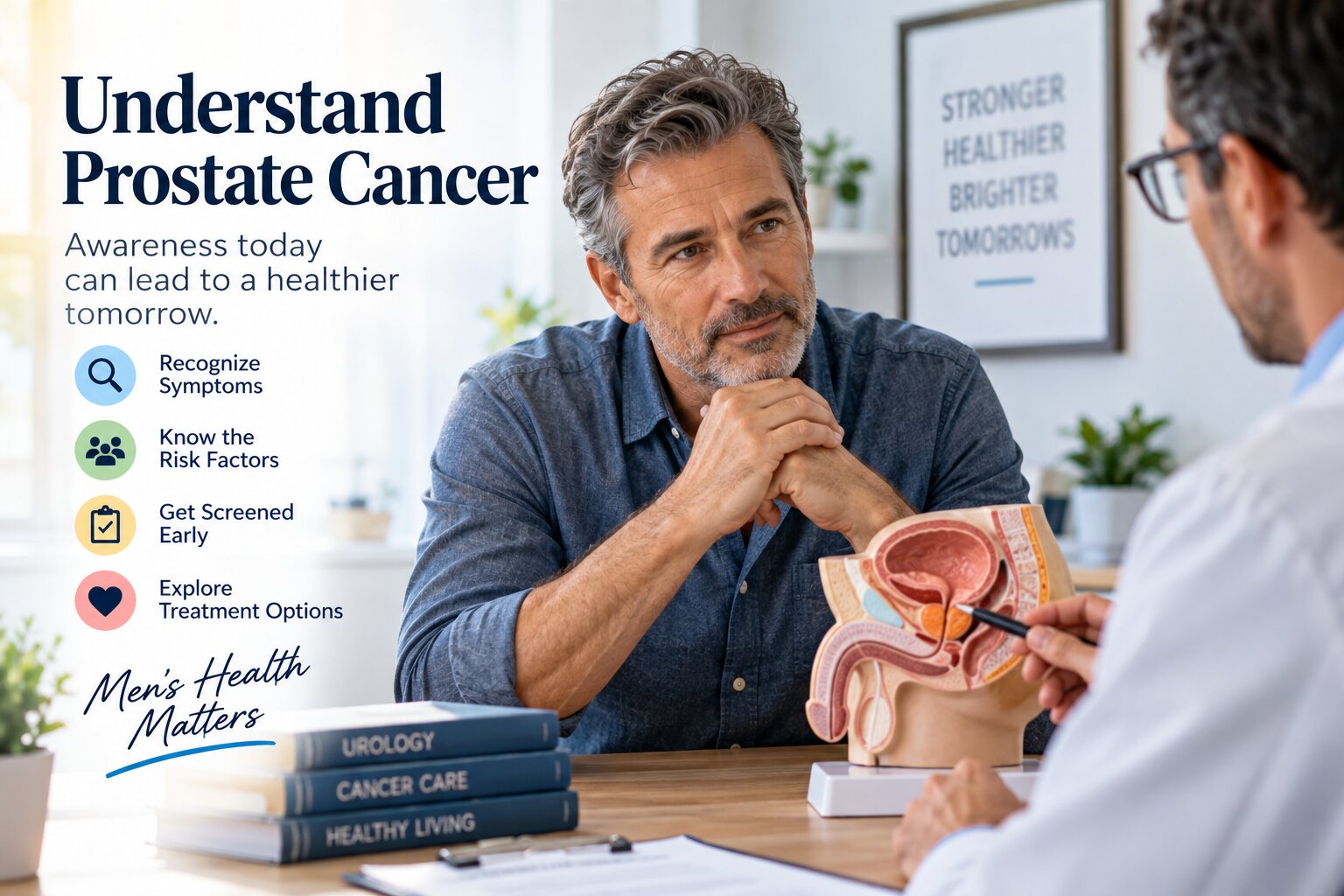 Doctor discussing prostate cancer symptoms and prostate health with a middle-aged man during a medical consultation
