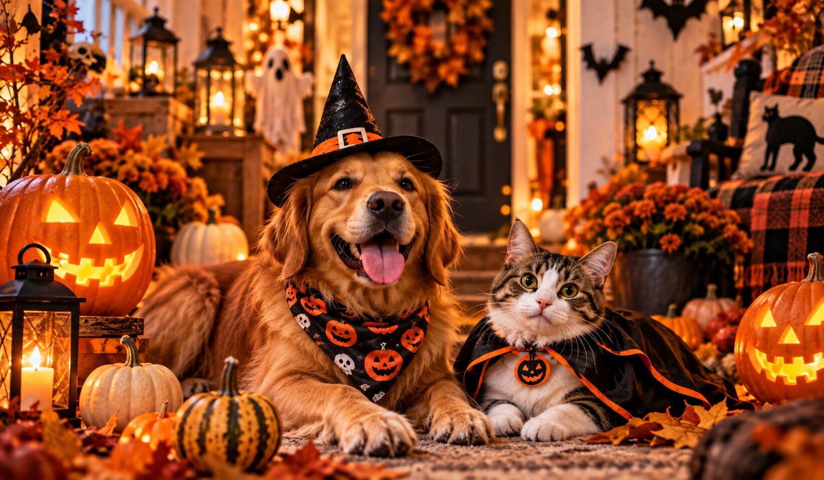 Golden retriever and tabby cat in a cozy Halloween decorated home