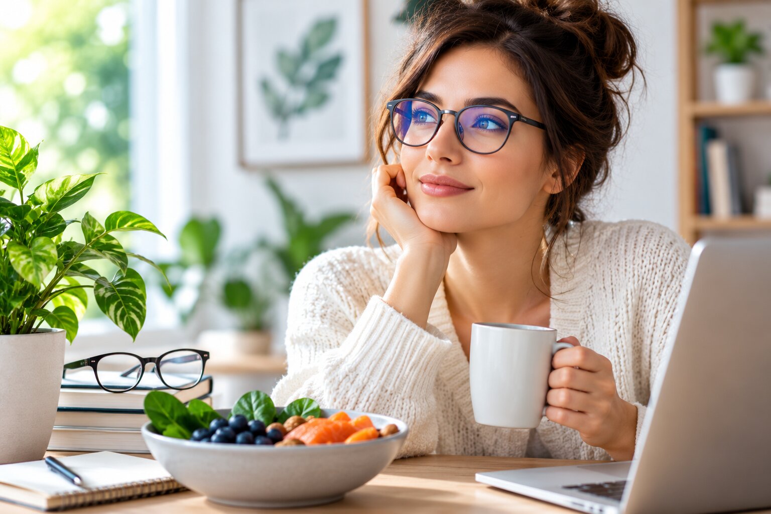 Woman wearing glasses in a bright home office while taking care of her eye health