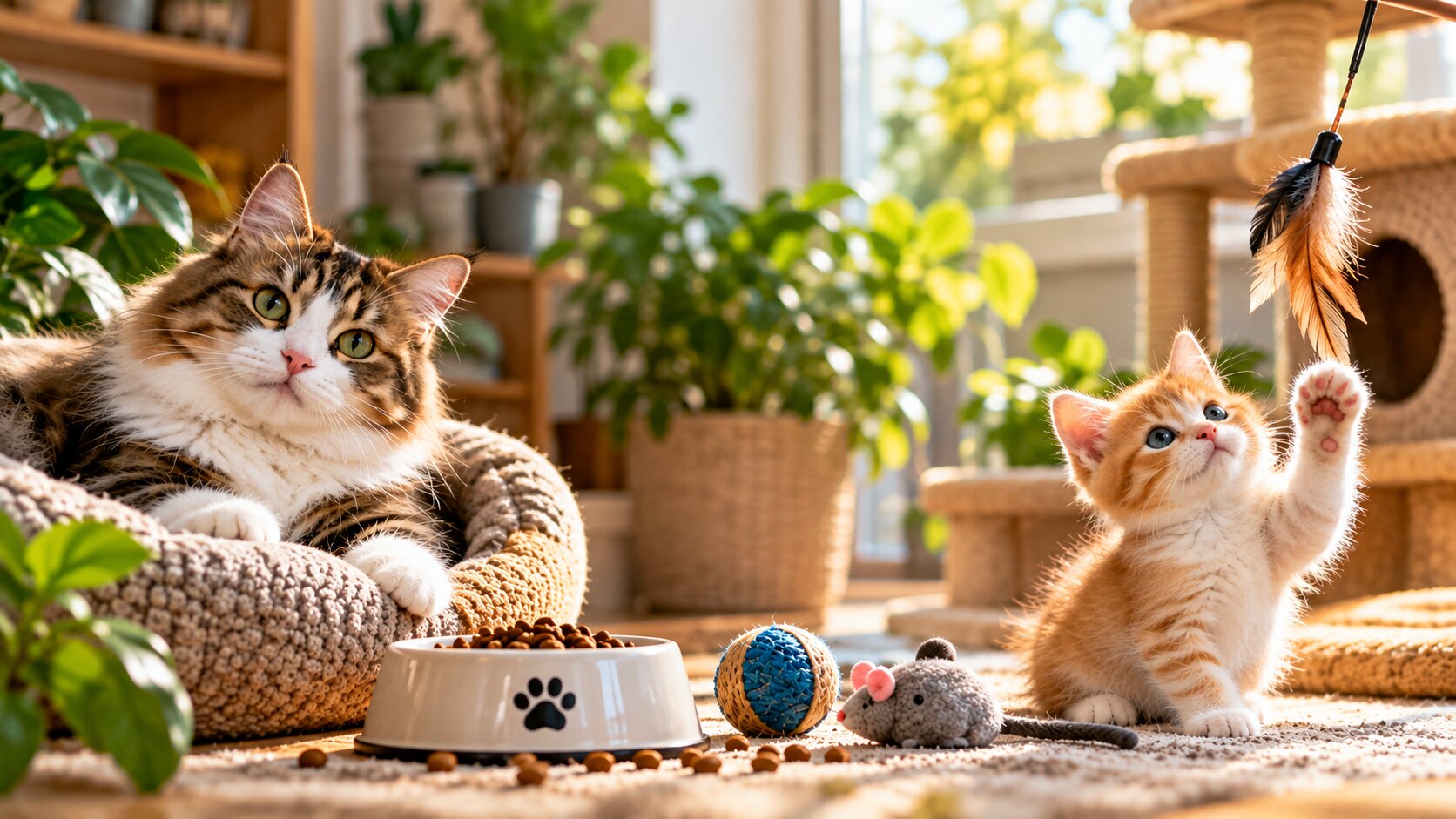 Two cats relaxing and playing in a cozy indoor home with cat toys, food bowl and climbing furniture