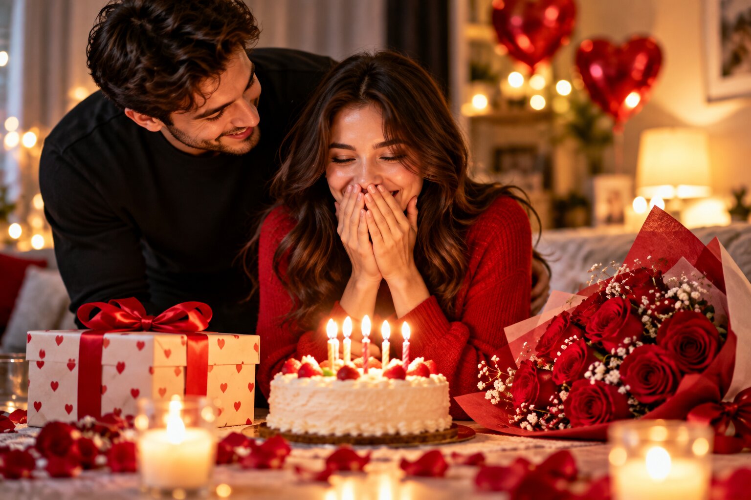 Romantic birthday surprise for girlfriend with birthday cake, roses, gifts and candles