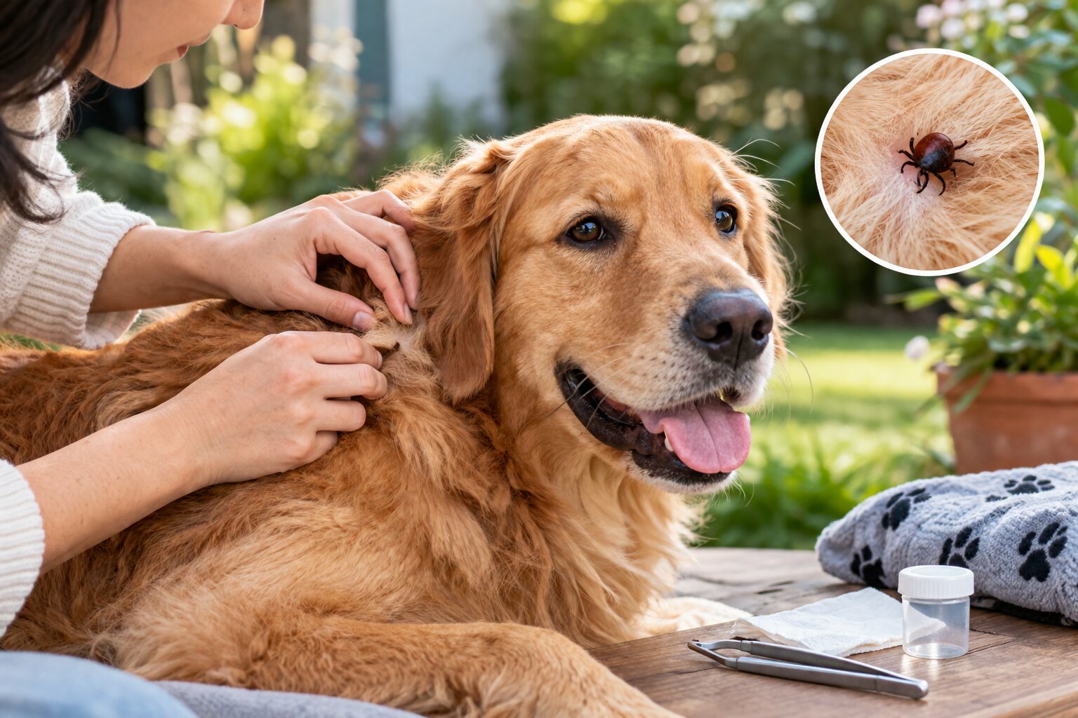 Close-up of a golden retriever being inspected for ticks by a pet owner using careful hand movements
