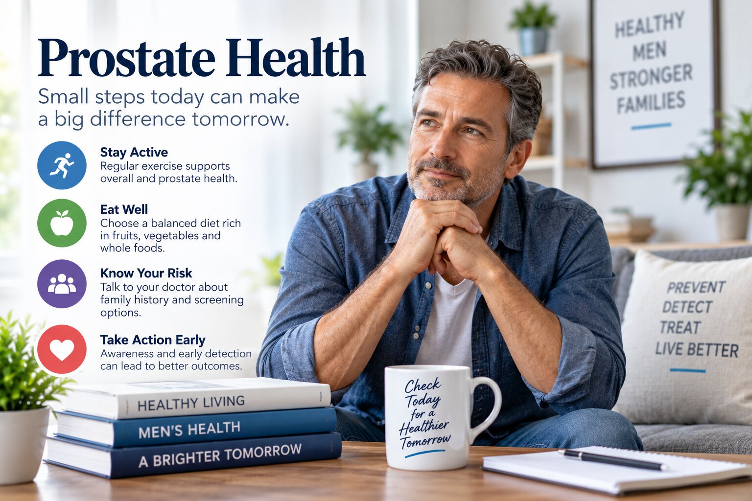 Middle-aged man learning about prostate health, screening and healthy lifestyle choices at home