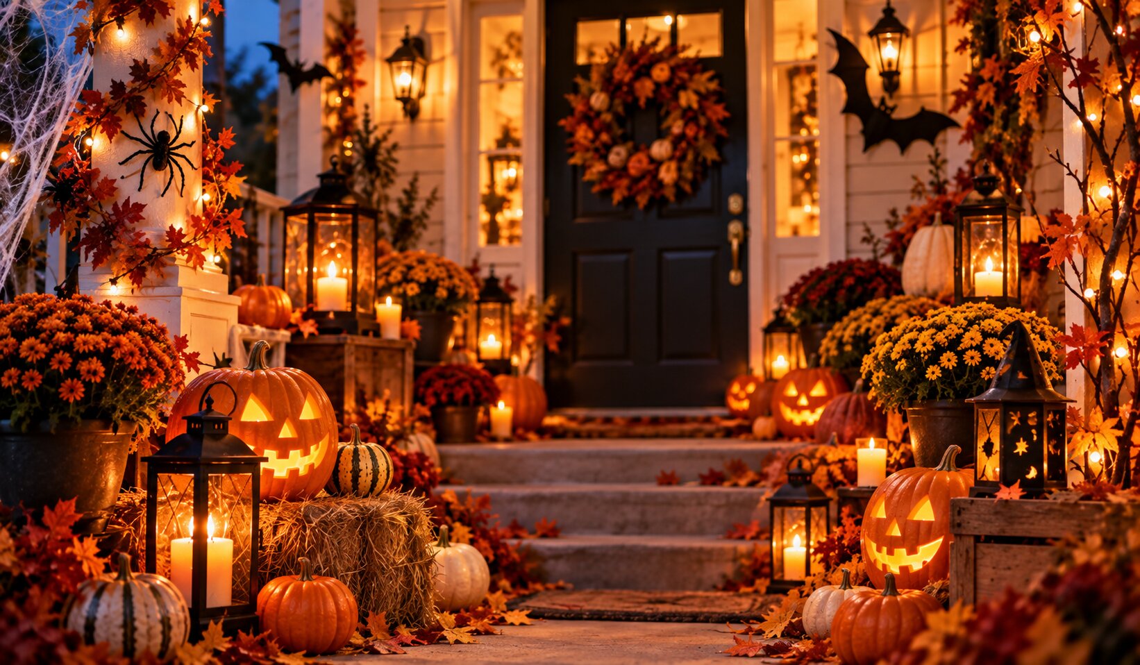 Outdoor Halloween porch decorated with pumpkins lanterns and autumn leaves