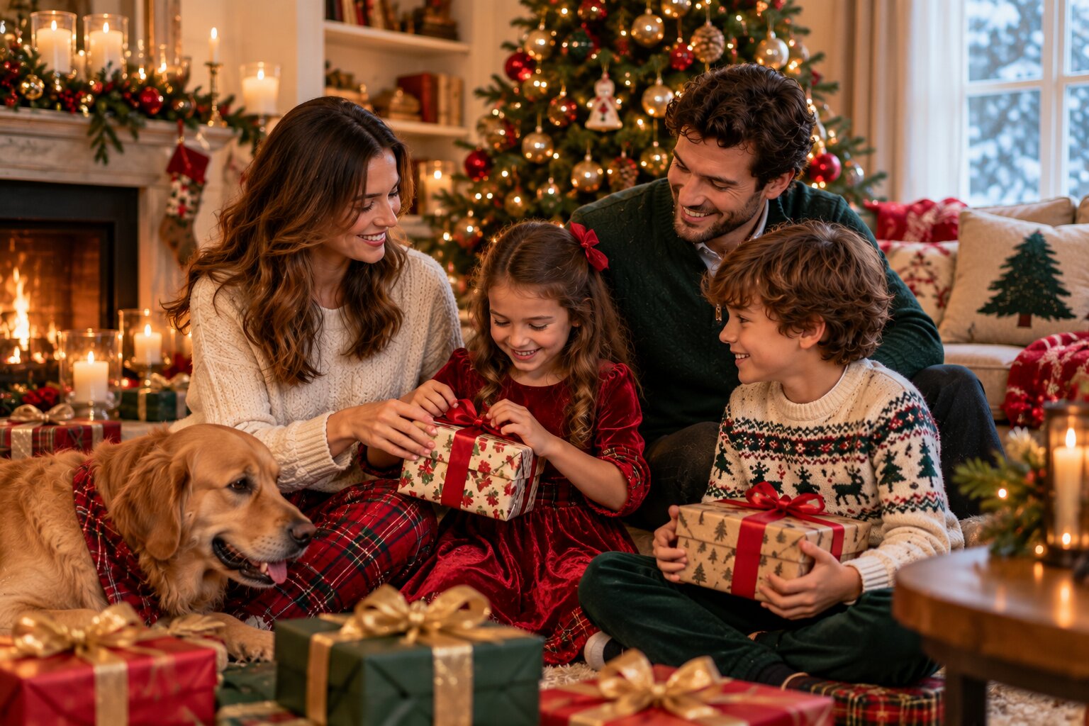 Family dressed in festive Christmas outfits gathered together in a warmly decorated living room