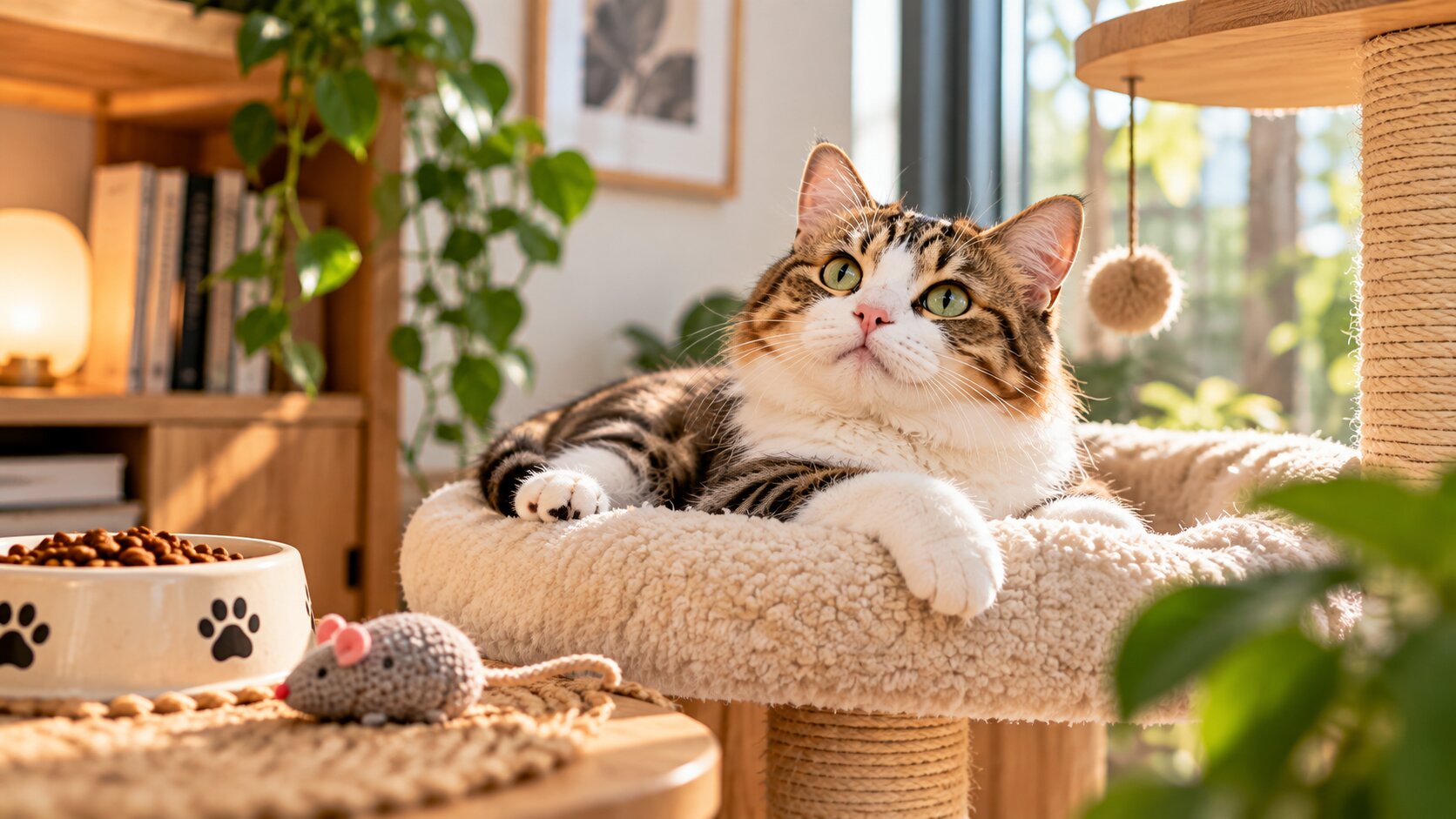 Relaxed tabby cat resting on a soft cat bed beside a scratching post in a bright indoor home