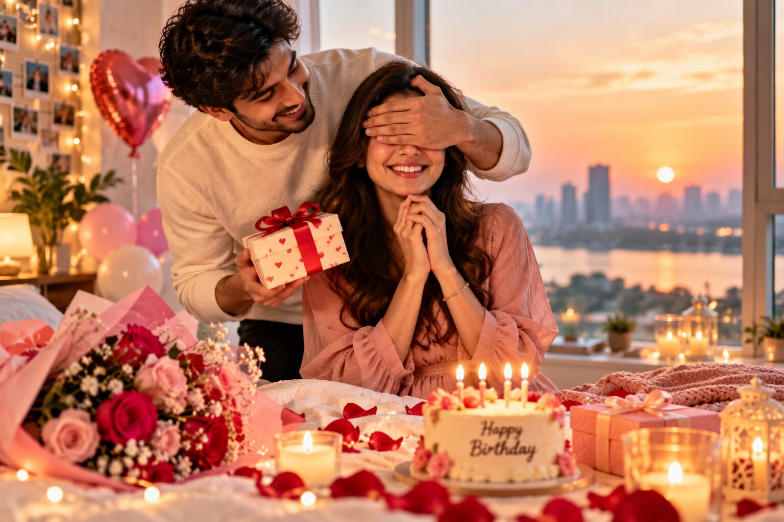 Couple celebrating girlfriend's birthday with a romantic surprise, gift and birthday cake at home