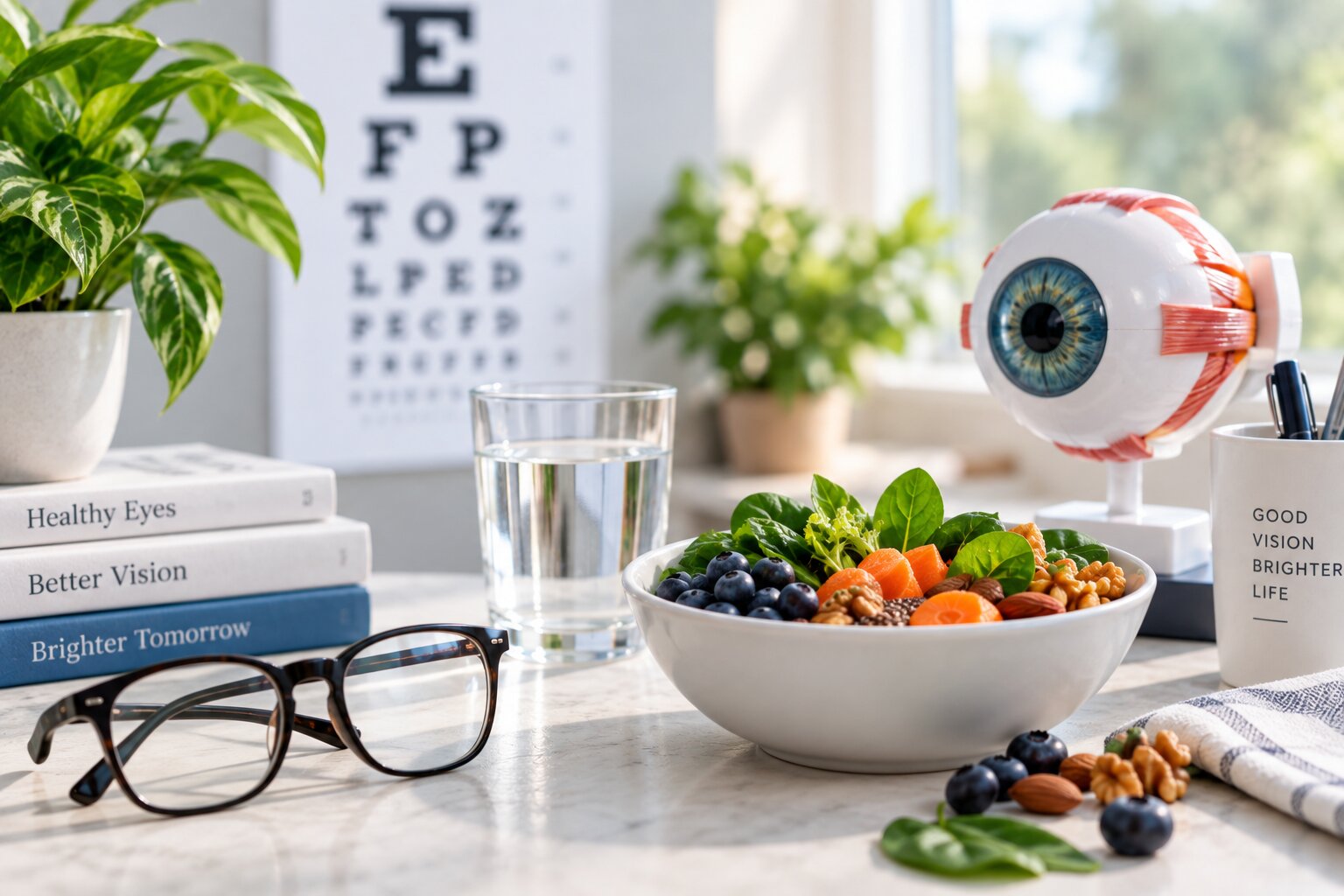 Healthy foods, glasses and an eye model arranged in a bright eye-care lifestyle setting