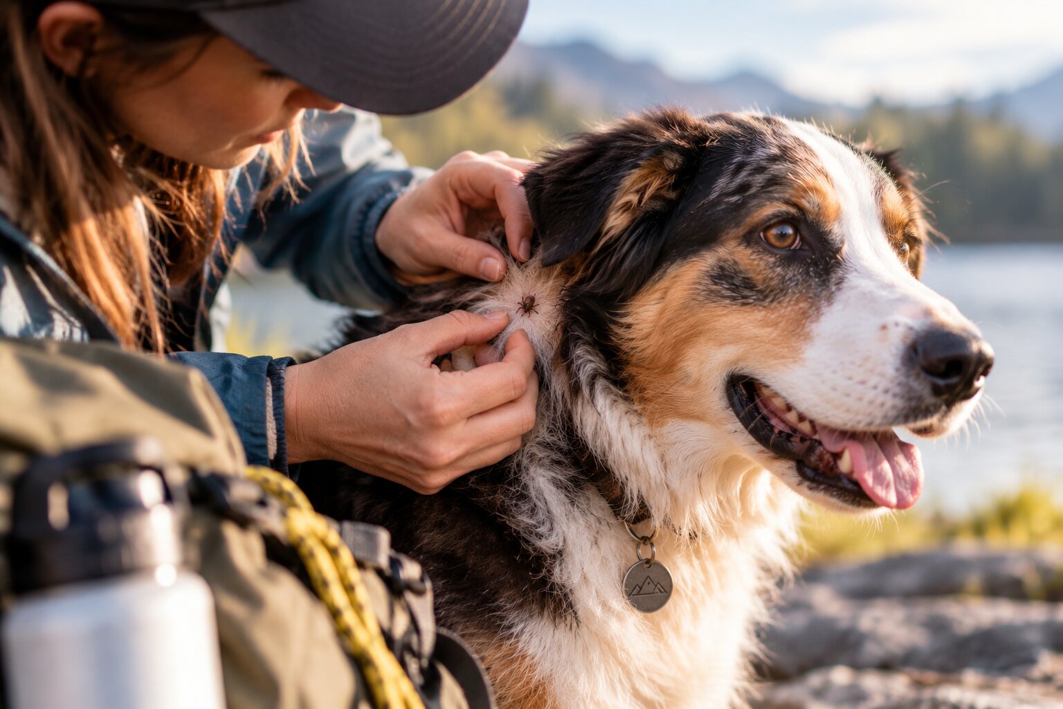 Dog owner checking the fur near a dog's ear and neck for ticks after an outdoor walk