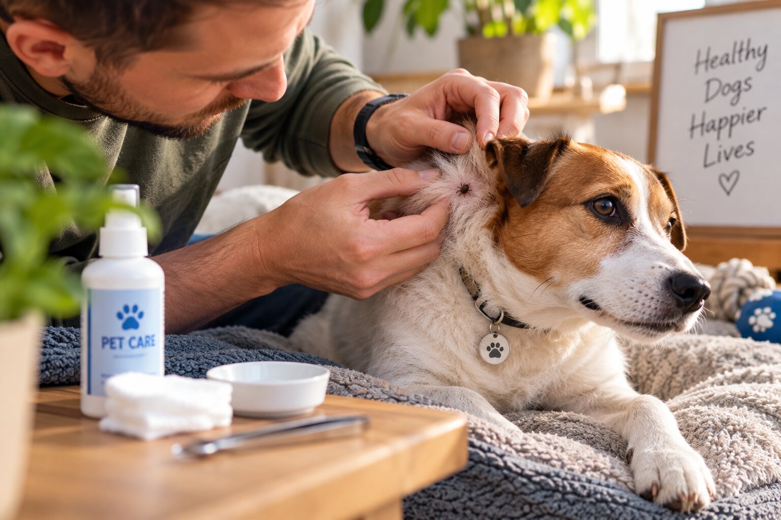 Veterinary professional using a tick removal tool to inspect and care for a curly coated dog