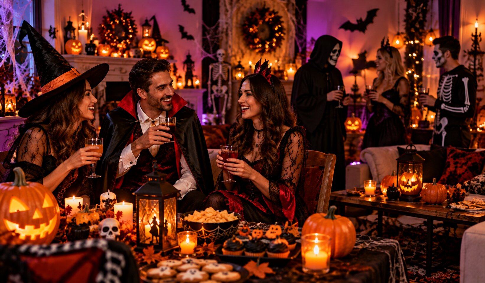 Adults enjoying a stylish indoor Halloween party with themed decorations