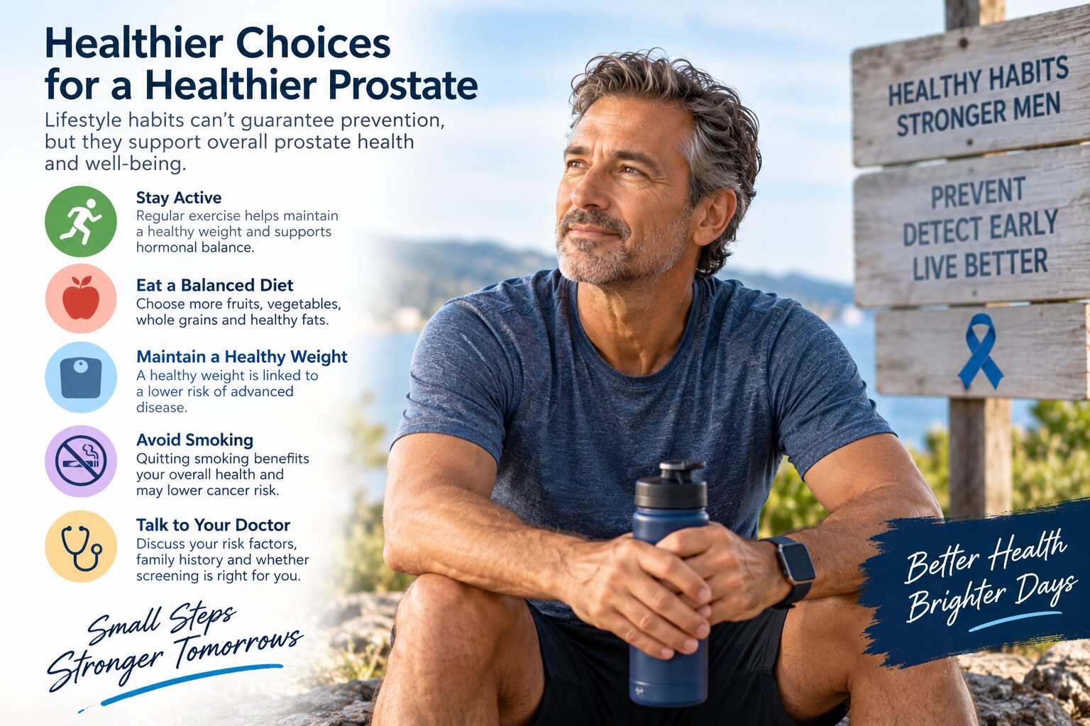 Older man outdoors learning about healthy lifestyle choices and prostate health awareness
