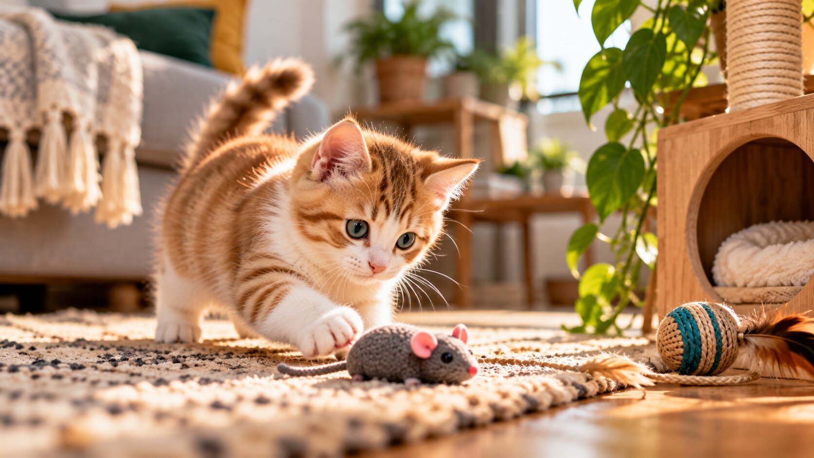 Playful orange and white kitten interacting with a toy mouse on a soft indoor rug