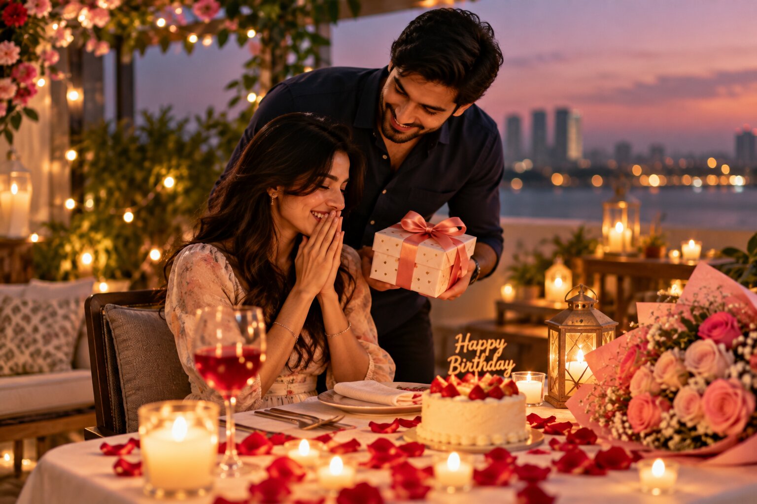 Romantic rooftop birthday dinner for girlfriend with roses, candles, cake and city view