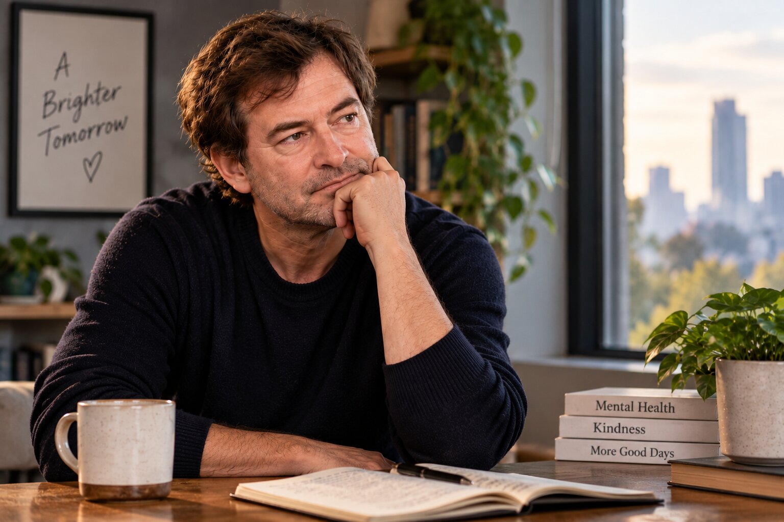 Mark Duplass in a reflective indoor setting representing his discussion of depression anxiety and mental health