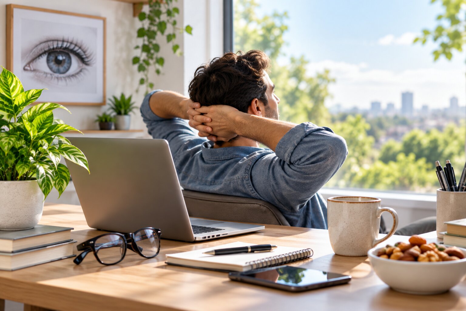 Man taking a screen break from his laptop and looking outside during a healthy eye-care routine