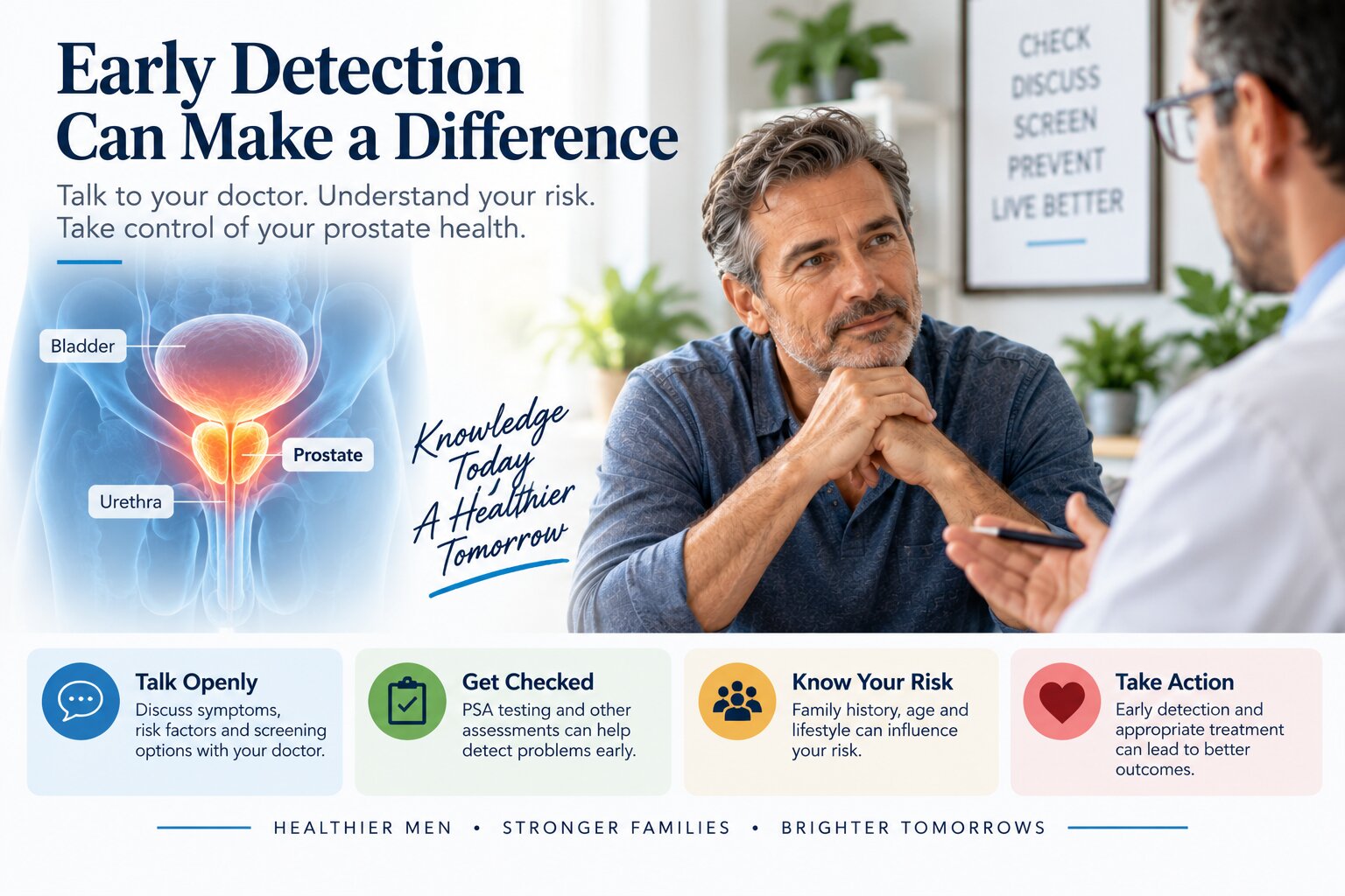 Doctor explaining prostate anatomy, screening and early detection to a man during a prostate health consultation