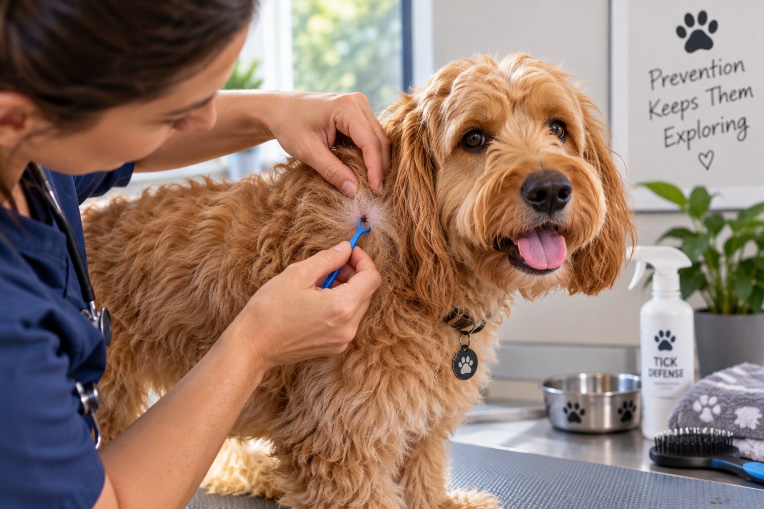 Dog owner carefully checking a golden retriever's fur for an attached tick during a routine pet health inspection