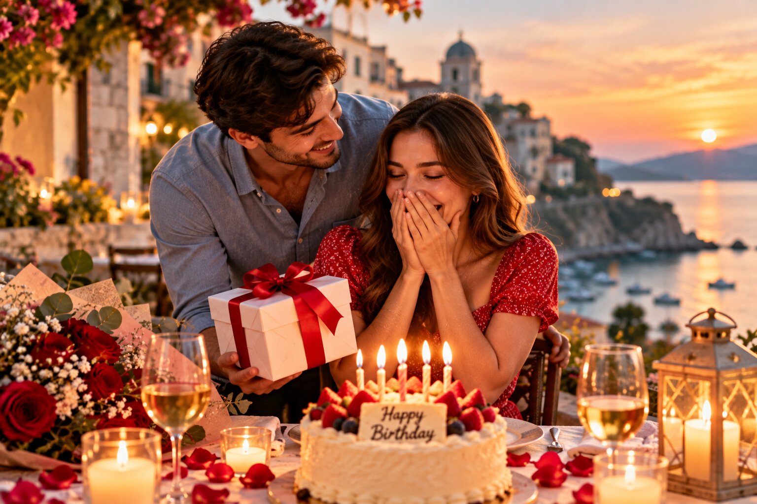Couple celebrating a girlfriend's birthday during a romantic sunset dinner with flowers and gift