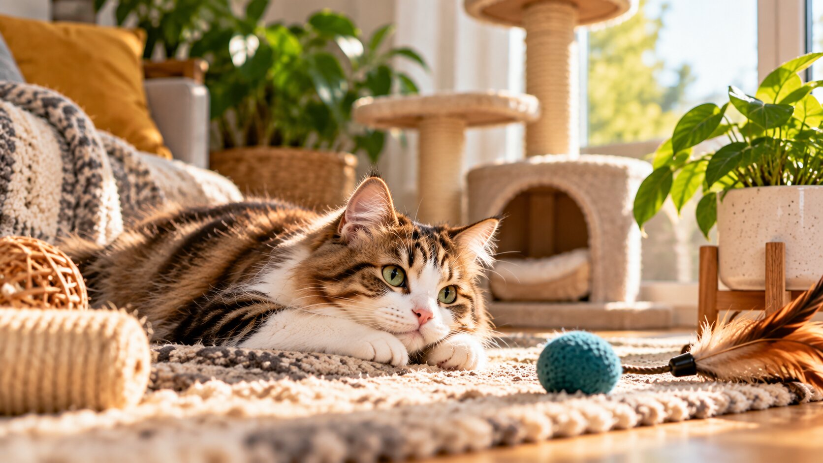 Relaxed tabby and white cat resting on a soft rug in a bright, safe and enriched indoor living room
