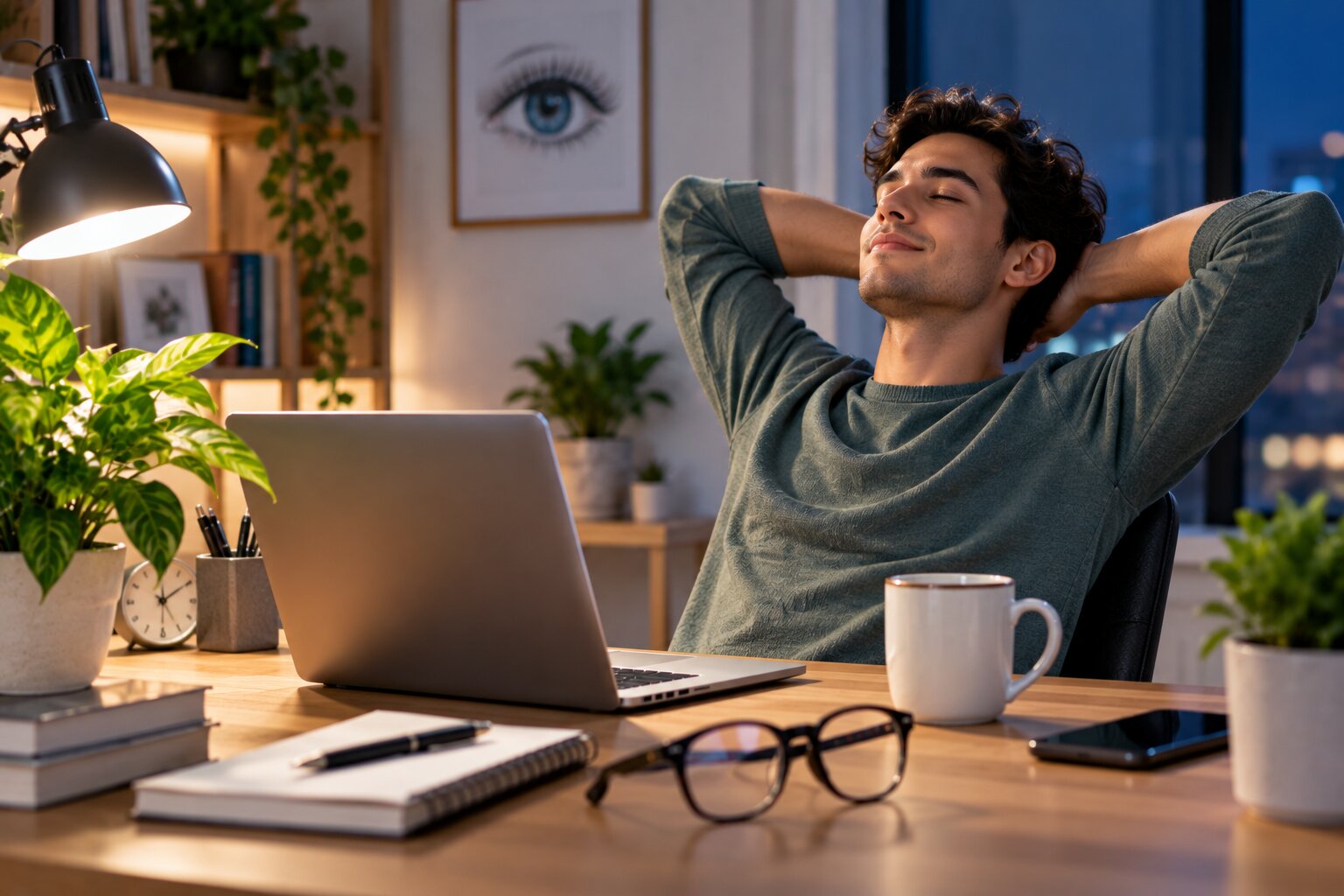 Man relaxing after screen time in a warm home office as part of a healthy eye-care routine