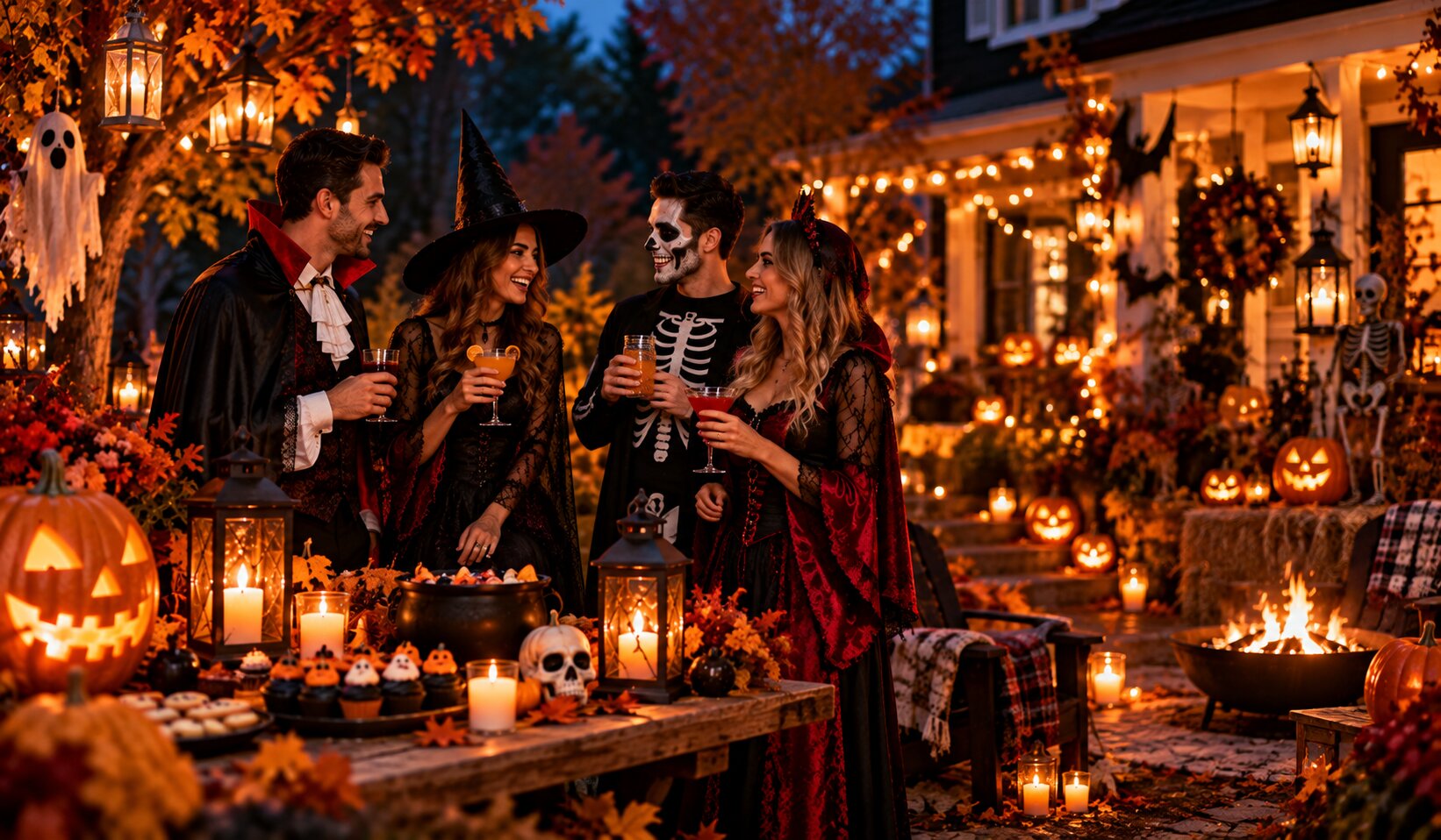 Outdoor Halloween party with adults in costumes and seasonal decorations