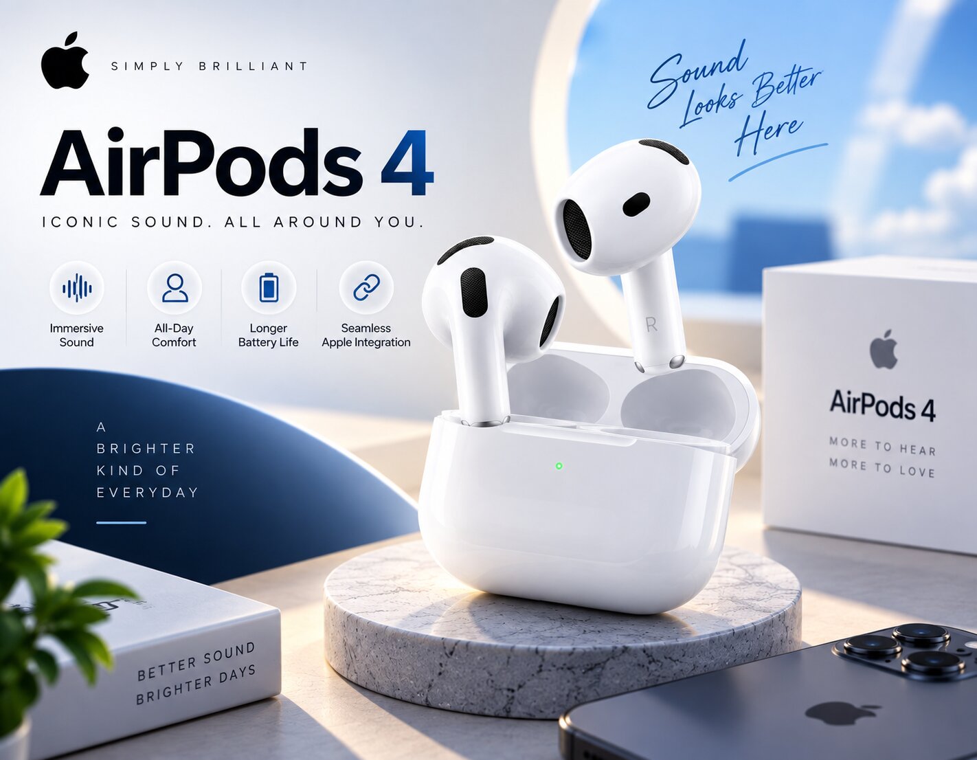 Best Wireless Earbuds On Amazon, Apple AirPods 4 editorial product scene for iPhone users, AI-generated editorial image for illustrative purposes.