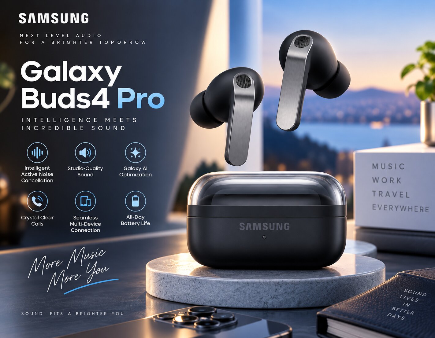 Best Wireless Earbuds On Amazon, Samsung Galaxy Buds4 Pro editorial product scene, AI-generated editorial image for illustrative purposes.