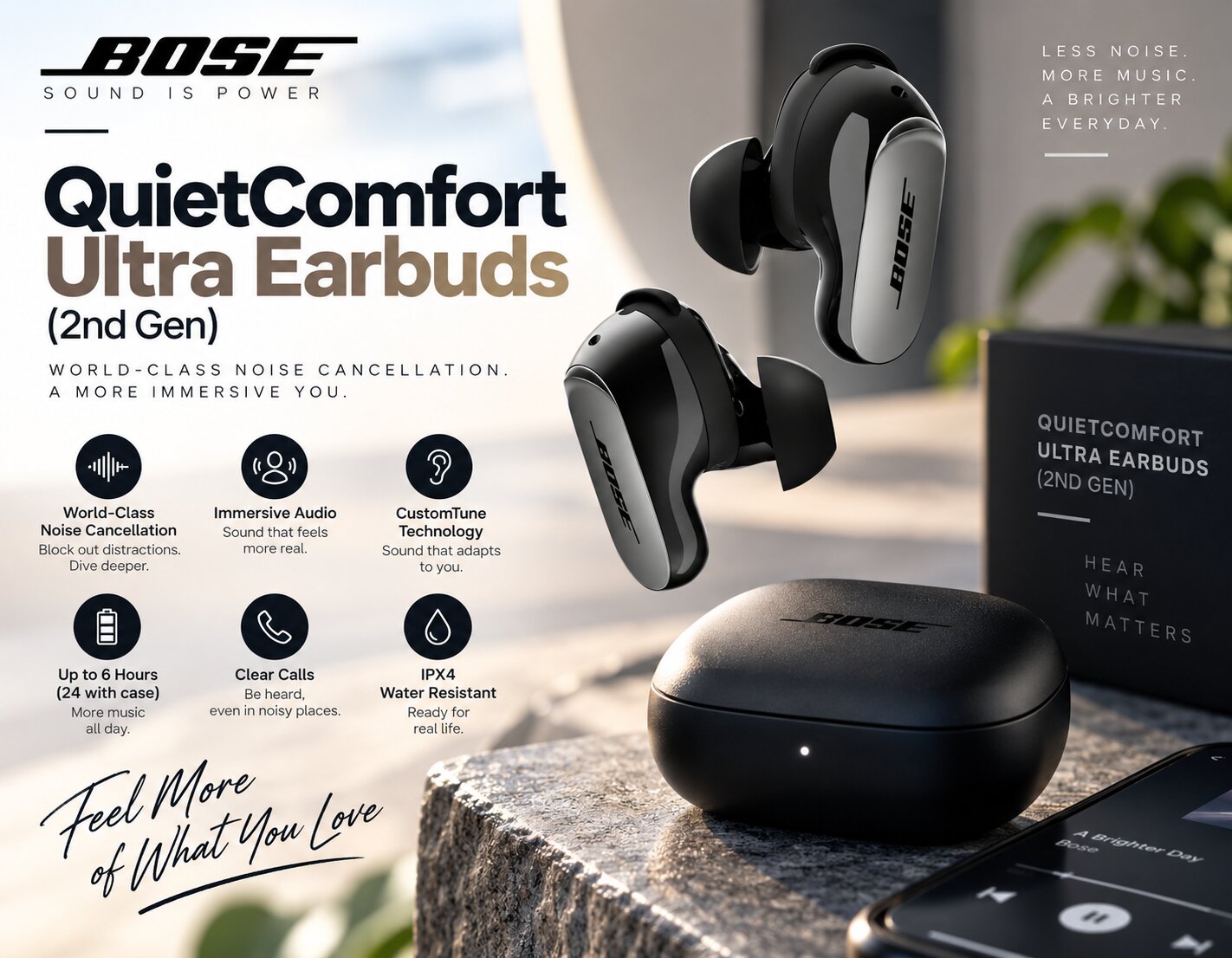 Best Wireless Earbuds On Amazon, Bose QuietComfort Ultra Earbuds (2nd Gen), premium ANC true wireless earbuds with customizable fit and immersive audio, AI-generated editorial image for illustrative purposes.