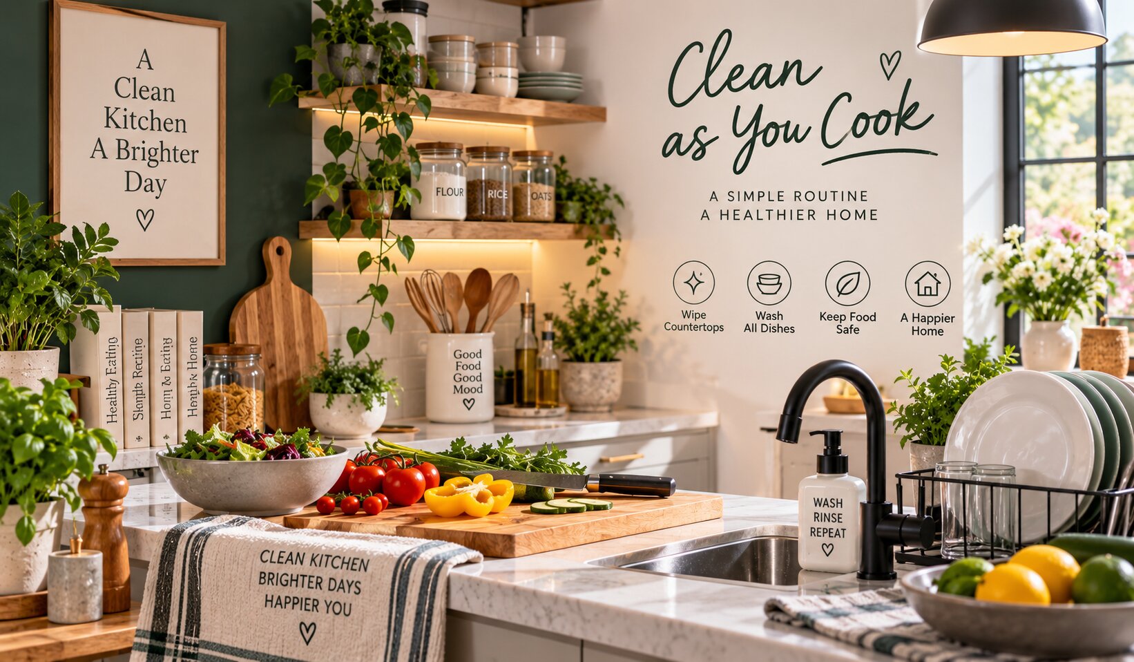 Organised kitchen with a clean island, fresh produce, sink, drying dishes and natural light