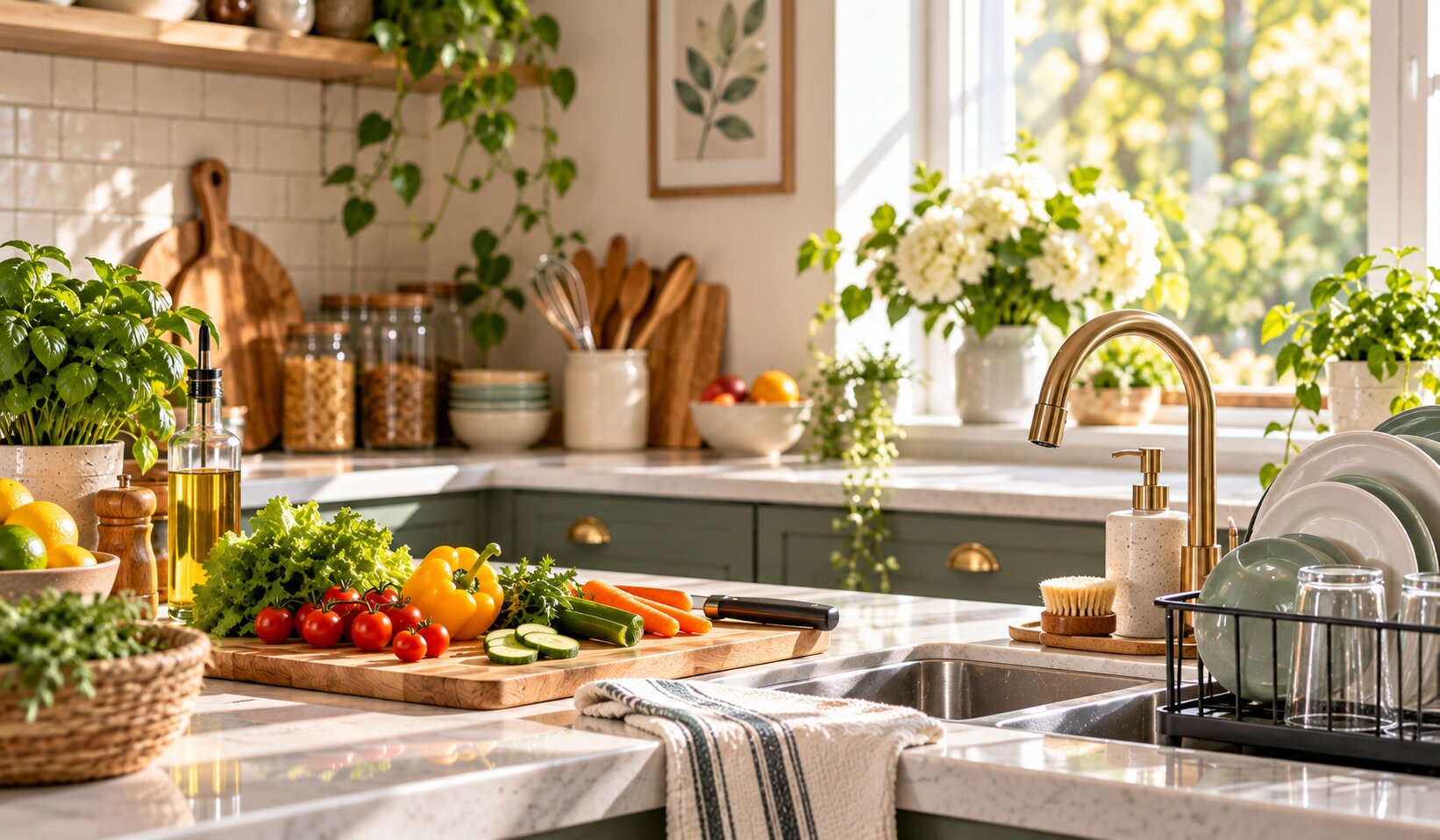 Bright modern kitchen with fresh vegetables, clean countertops, sink and neatly arranged dishes