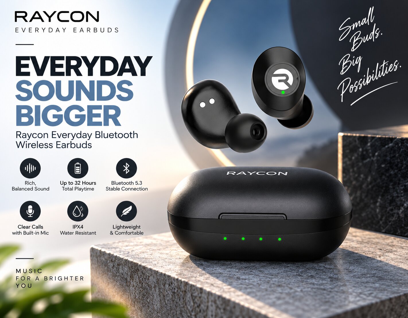 Best Wireless Earbuds On Amazon, Raycon Everyday Bluetooth Wireless Earbuds with ANC, secure in-ear fit, IPX4 sweat resistance and everyday mobile compatibility, AI-generated editorial image for illustrative purposes.