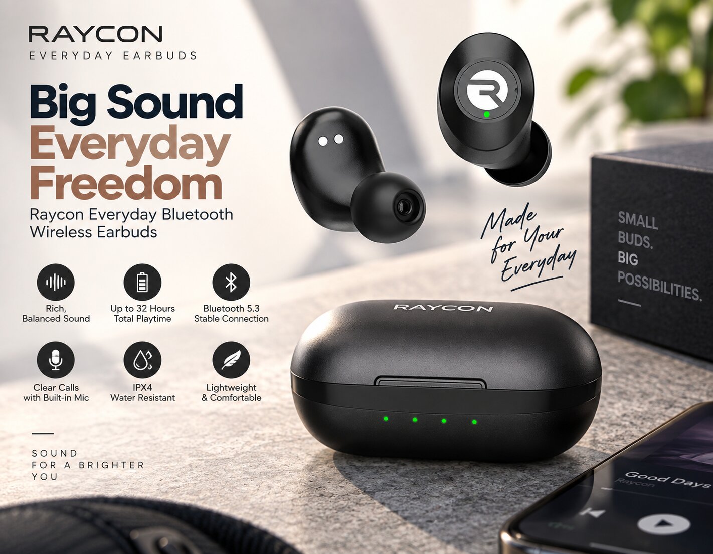 Best Wireless Earbuds On Amazon, Raycon Everyday Bluetooth Wireless Earbuds with active noise cancellation, secure in-ear fit, sweat resistance and compact charging case, AI-generated editorial image for illustrative purposes.