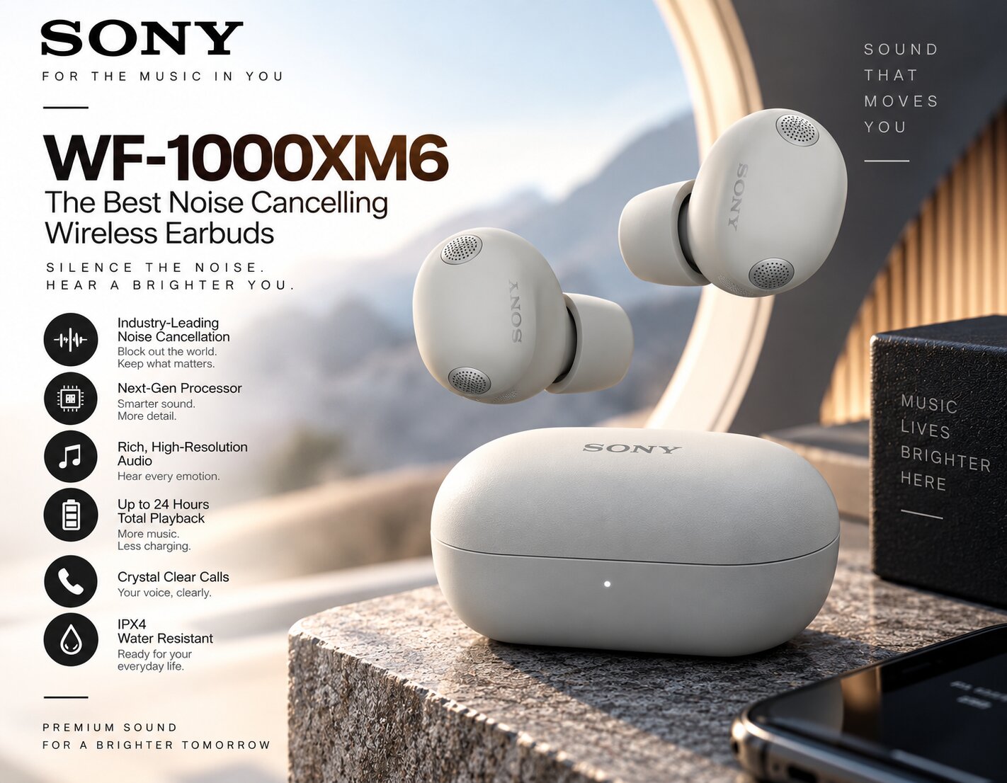 Best Wireless Earbuds On Amazon, Sony WF-1000XM6 premium adaptive noise cancelling wireless earbuds with detailed sound and advanced call performance, AI-generated editorial image for illustrative purposes.