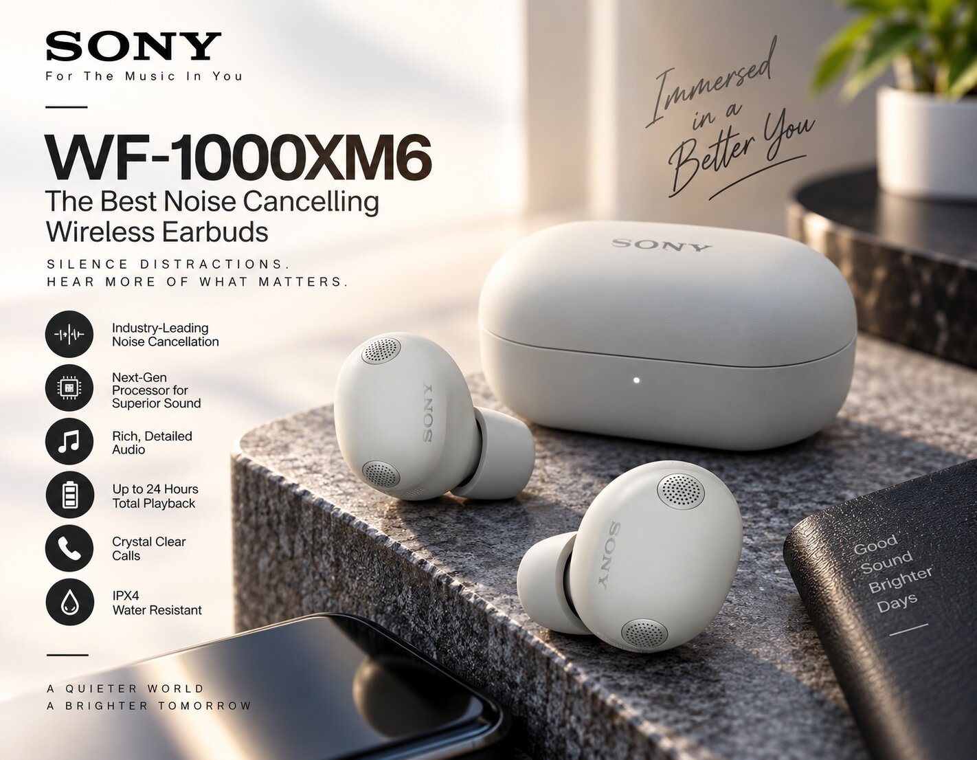 Best Wireless Earbuds On Amazon, Sony WF-1000XM6 wireless earbuds and charging case highlighting premium ANC, compact travel design and extended battery support, AI-generated editorial image for illustrative purposes.