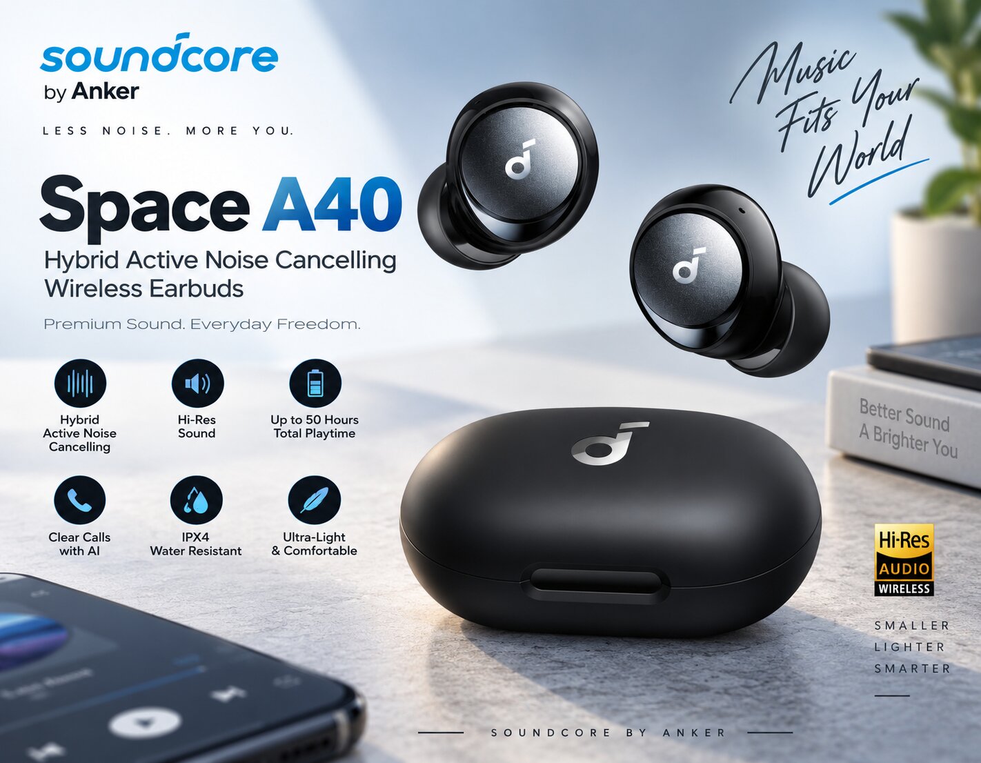 Best Wireless Earbuds On Amazon, Soundcore Space A40 wireless earbuds with charging case, adaptive ANC and extended battery design, AI-generated editorial image for illustrative purposes.