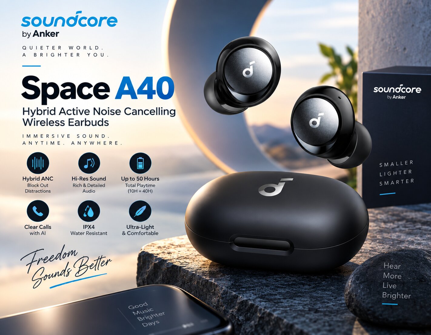 Best Wireless Earbuds On Amazon, Soundcore by Anker Space A40 adaptive active noise cancelling earbuds, LDAC wireless audio and compact charging case, AI-generated editorial image for illustrative purposes.