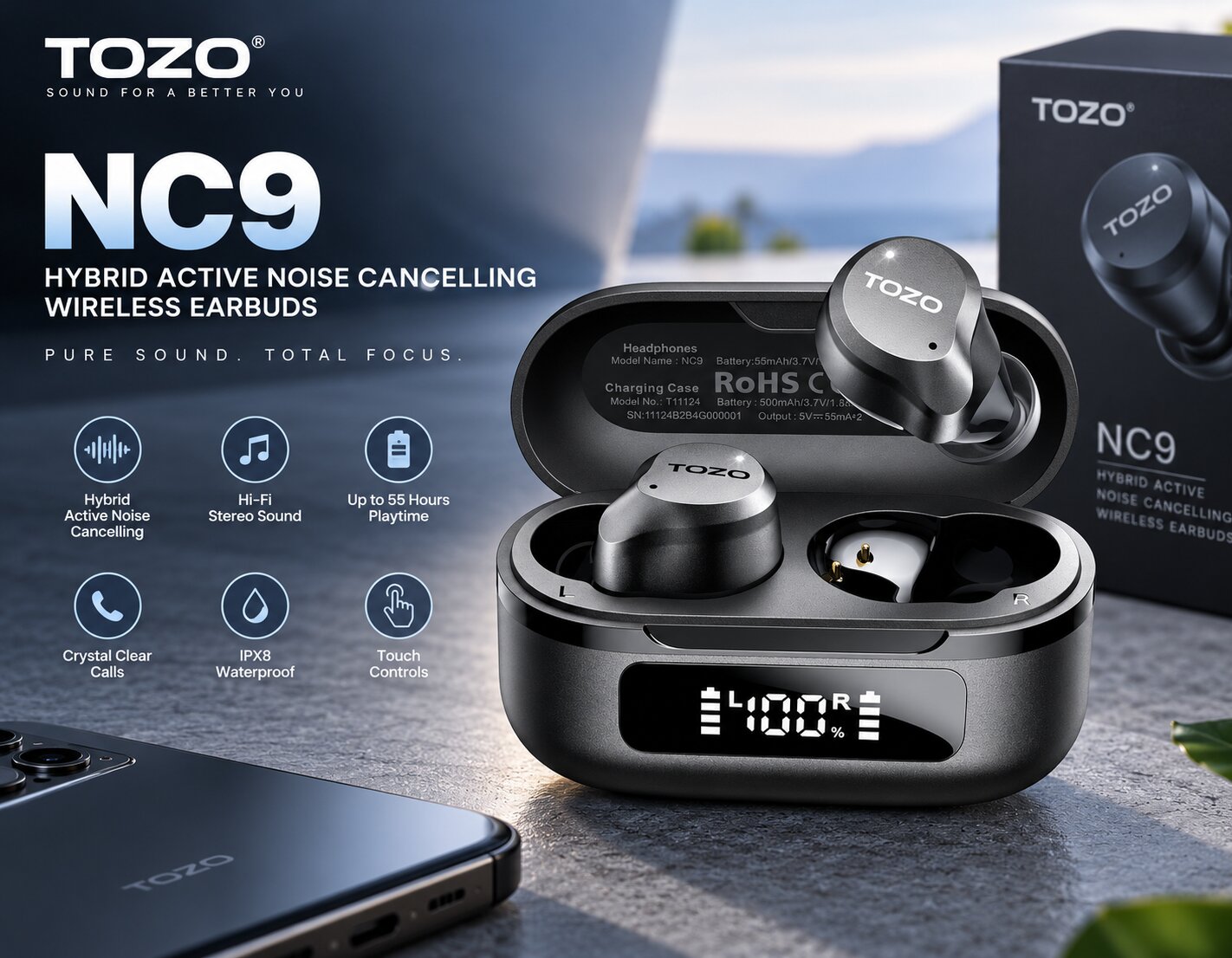Best Wireless Earbuds On Amazon, TOZO NC9 hybrid active noise cancelling wireless earbuds, AI-generated editorial image for illustrative purposes.