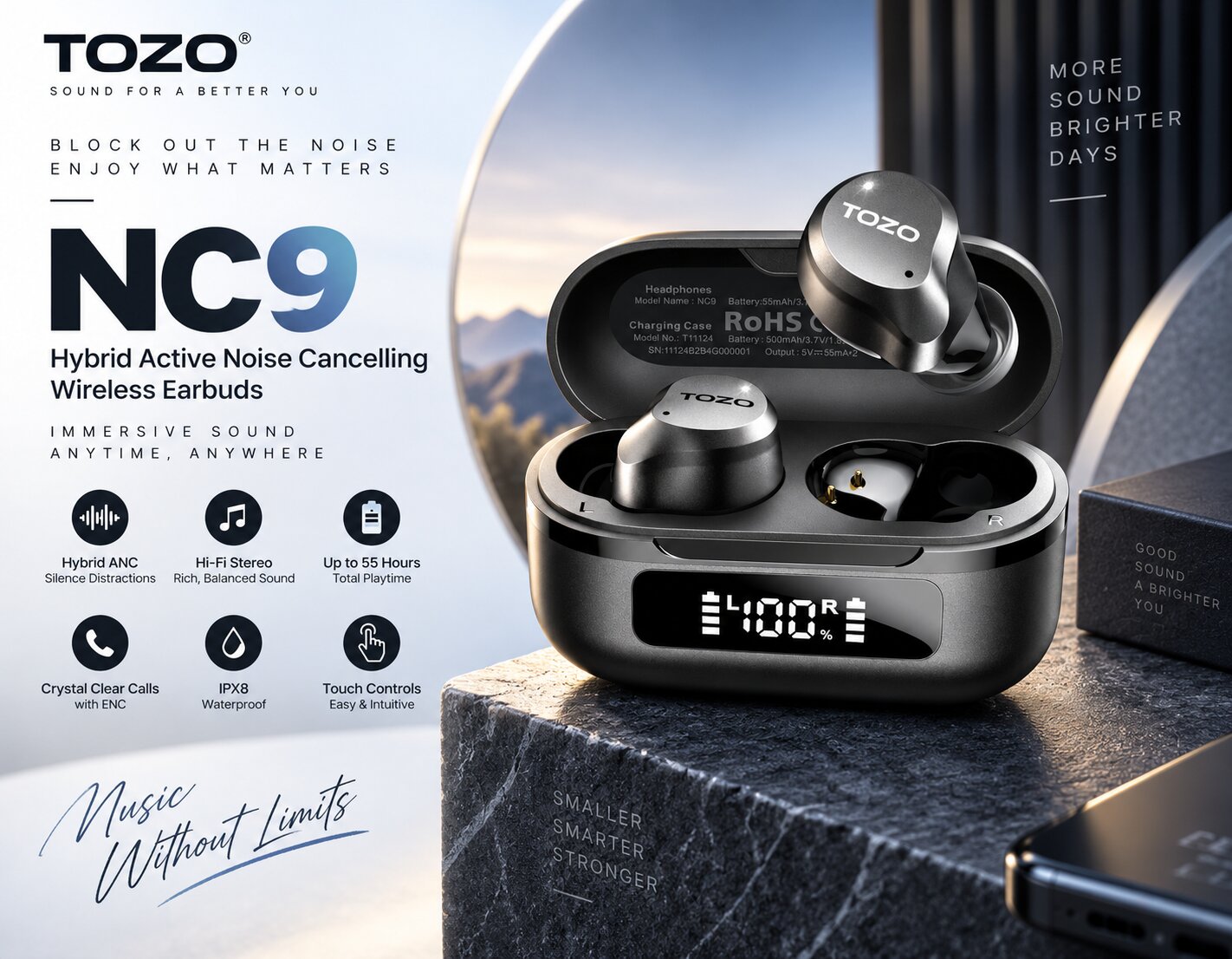 Best Wireless Earbuds On Amazon, TOZO NC9 wireless earbuds with charging case, hybrid ANC and extended battery design, AI-generated editorial image for illustrative purposes.