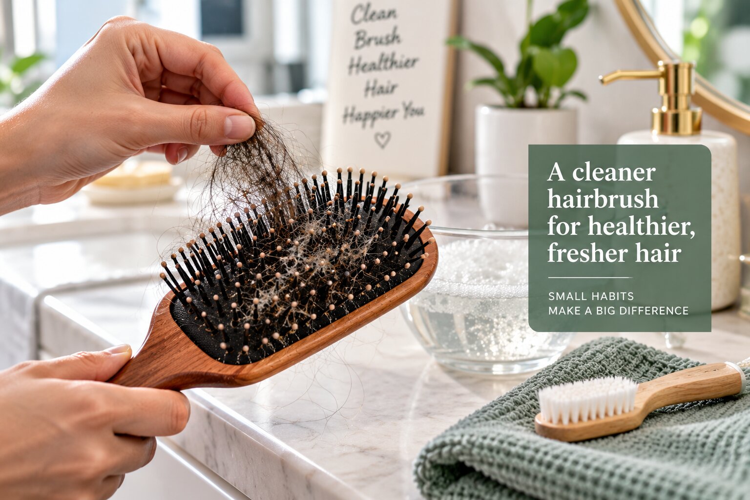 Hands removing hair and buildup from a wooden paddle hairbrush
