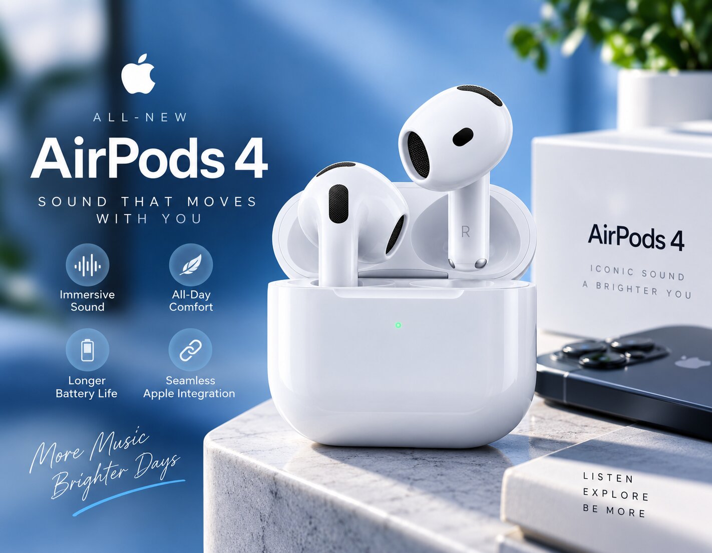 Best Wireless Earbuds On Amazon, Apple AirPods 4 wireless earbuds and charging case shown in a premium editorial setting, AI-generated editorial image for illustrative purposes.