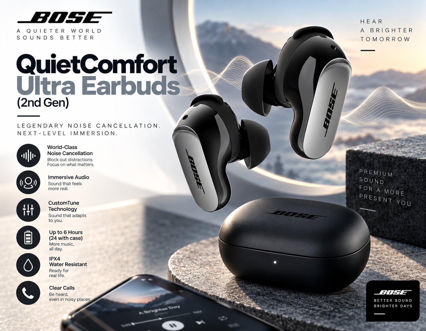Best Wireless Earbuds On Amazon, Bose QuietComfort Ultra Earbuds (2nd Gen) charging case and earbuds, premium noise cancelling wireless audio, AI-generated editorial image for illustrative purposes.